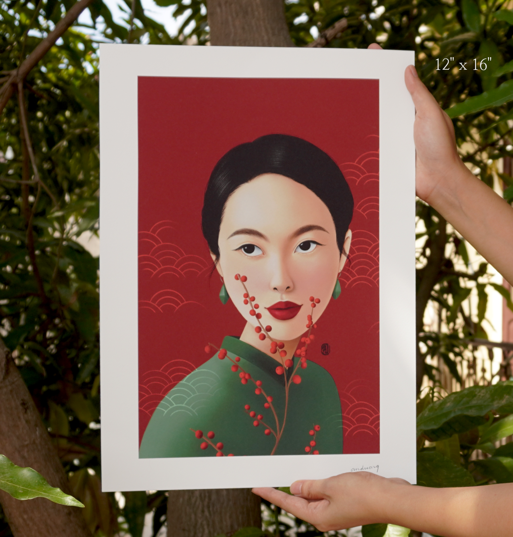 Crimson fine art print by AnDuongArt featuring Vietnamese girl in red ao dai holding holly branch