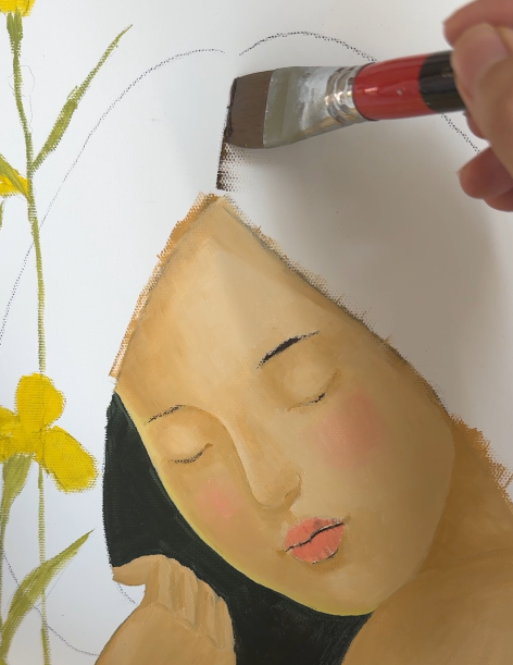 Framed 30x40 cm Ru Em oil painting hanging in a quiet Japandi reading nook
